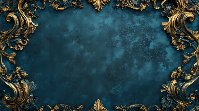 Intricate baroque ornament design with teal and gold scroll patterns on a textured blue background creating an elegant and symmetrical frame. Baroque. Illustration