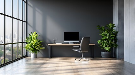 Contemporary office with computer screen on desk, minimalist design, blank wall on right side, no clutter, high-quality 3D rendering