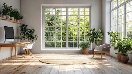 Clean modern office with computer screen on desk, minimalist design, blank wall to right, no clutter, high-quality 3D rendering