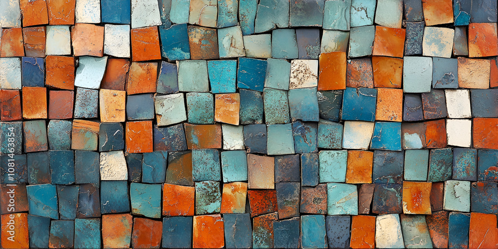 Poster abstract mosaic tiles: a close-up of a textured, abstract mosaic surface with earthy tones and a sub