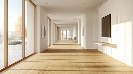 Fototapeta premium Modern minimalist office with computer screen on desk, blank wall on right side, spacious open design, 3D rendering