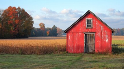 A rustic red barn amidst a golden field and autumn foliage.