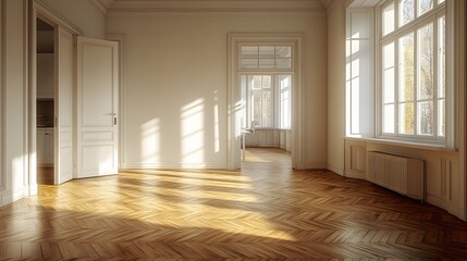 High-quality rendering of modern office with computer on desk, blank wall on right side, minimalist design, no clutter