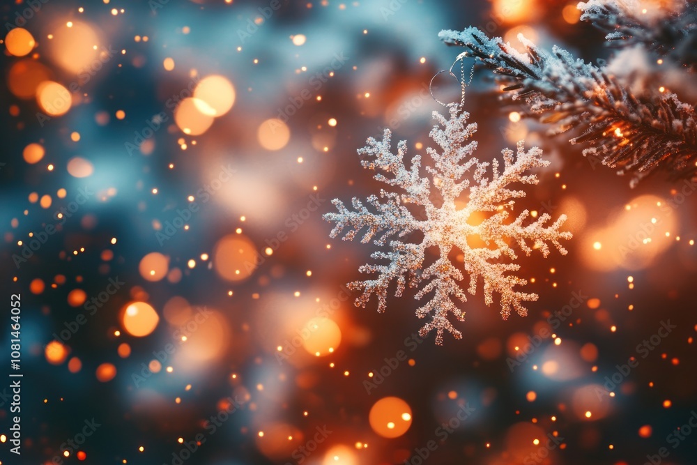 Poster a frosted snowflake ornament hangs from a pine branch, illuminated by warm string lights against a b
