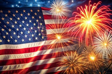 fireworks in the sky and a flag with a background of stars and a flag