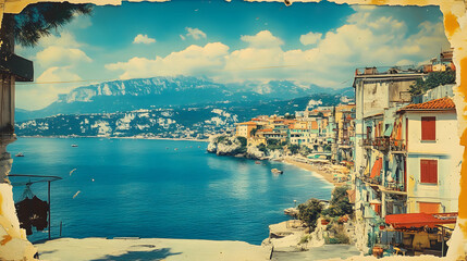 Fototapeta premium Coastal Town Nestled Against Mountains in Vintage Style Illustration