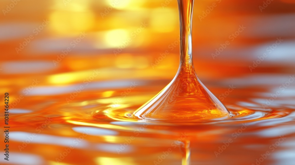 Poster a single drop of golden liquid falling into a pool of liquid, creating ripples.
