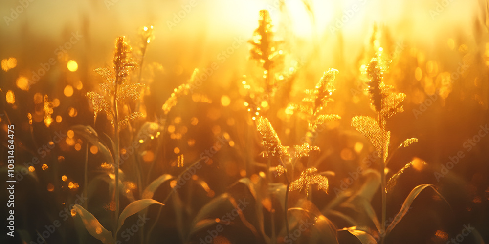 Poster Golden Hour Meadow:  Sunlight bathes a field of tall grass in a warm, golden glow, creating a mesmerizing landscape. The gentle bokeh effect adds a dreamy quality to the image.