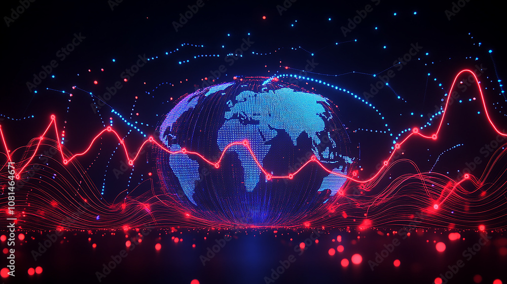Poster a glowing blue and red digital globe with data lines, representing global connectivity and data flow