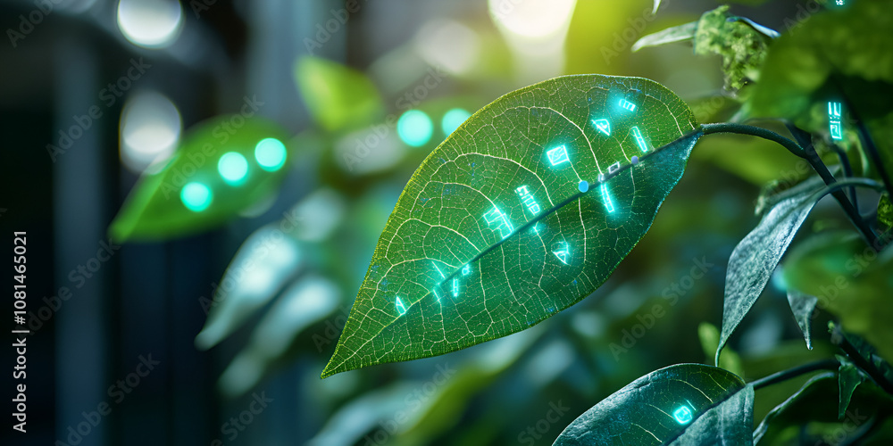 Poster glowing green leaf: a close-up shot of a vibrant green leaf illuminated by a soft, ethereal light, c