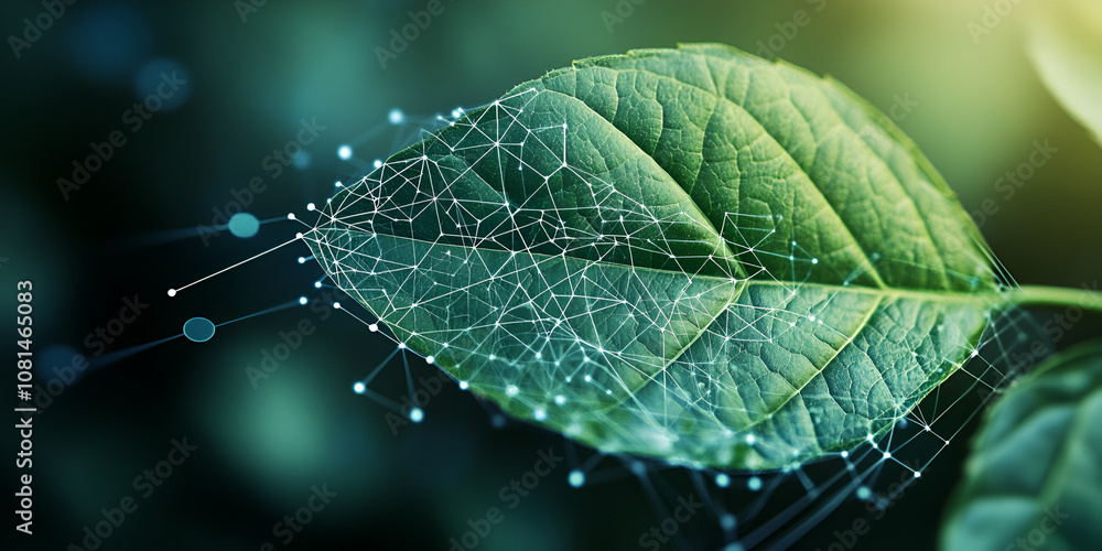 Poster bio-digital leaf: exploring the intersection of nature and technology. a vibrant green leaf is overl
