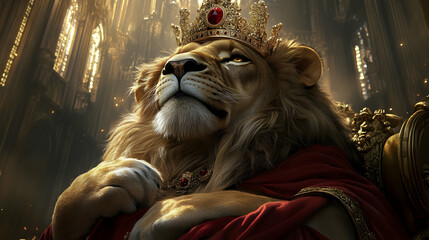 Obraz premium Majestic Lion King in Regal Attire, Enthroned within a Grand Cathedral, Digitally Rendered