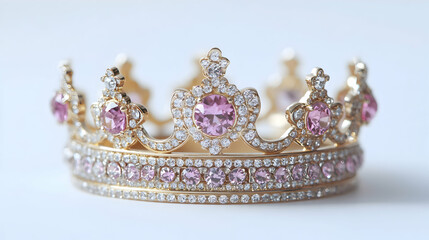 Golden Crown Adorned with Pink and White Gemstones on White Background