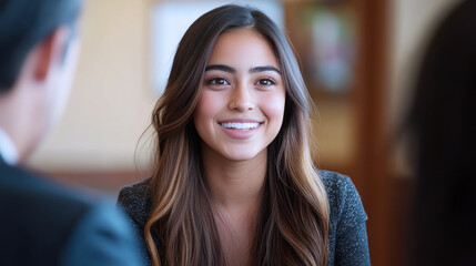 Fototapeta premium Hispanic business woman talking to colleagues at a meeting or job interview