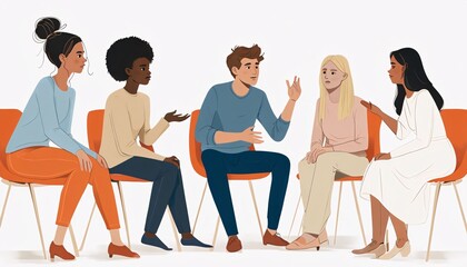 Obraz premium Support group, therapy session, group therapy, counseling, discussion circle, mental health, community support, sharing circle, dialogue, conversation, diverse group, inclusivity, communication, activ