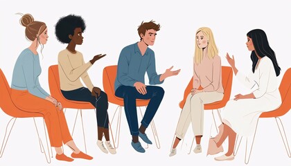 Obraz premium Support group, therapy session, group therapy, counseling, discussion circle, mental health, community support, sharing circle, dialogue, conversation, diverse group, inclusivity, communication, activ
