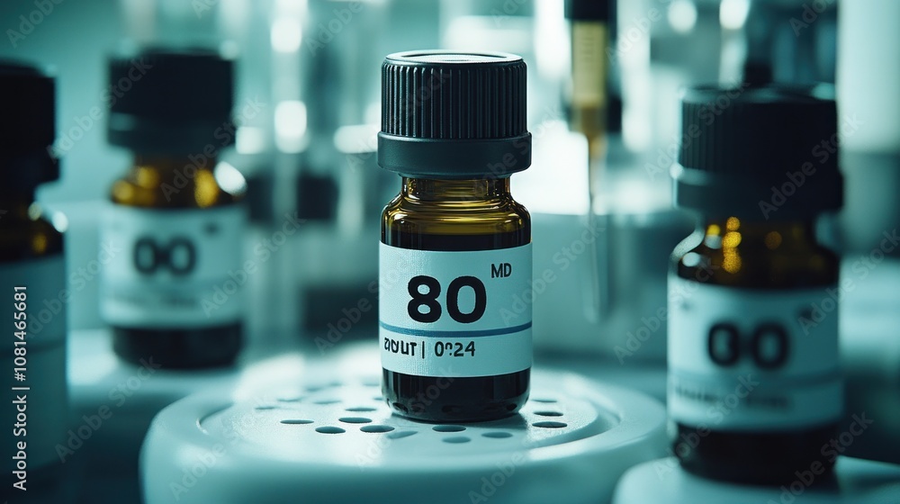 Poster a small amber bottle with a black cap labelled '80' sits on a white platform in a laboratory setting