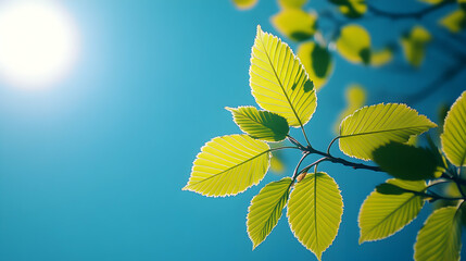 Bright Sunlight Illuminates Vibrant Green Leaves Against a Clear Blue Sky, Nature Photography Backdrop