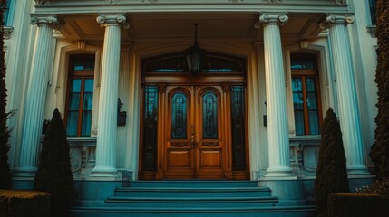 Obraz premium Elegant entrance featuring wooden doors and classic columns, inviting a sense of grandeur.