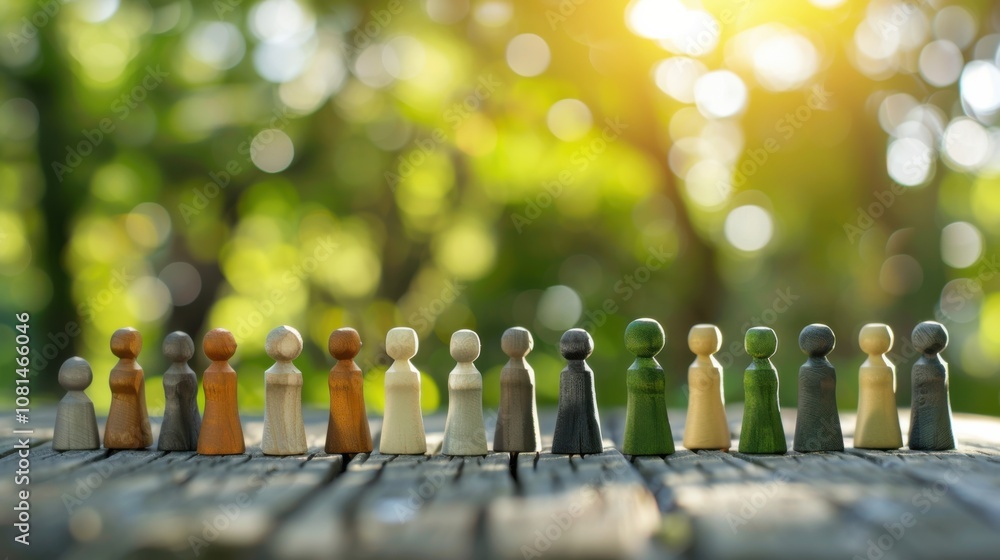 Poster a diverse group of 3d figures symbolizing unity against a softly blurred city park backdrop, reflect