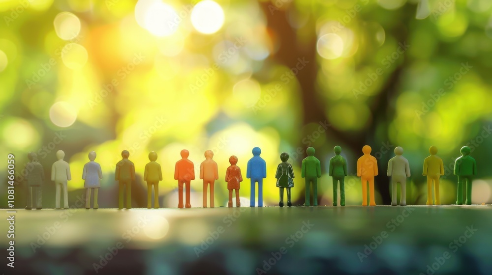 Poster a diverse group of 3d figures symbolizing unity against a softly blurred city park backdrop, reflect