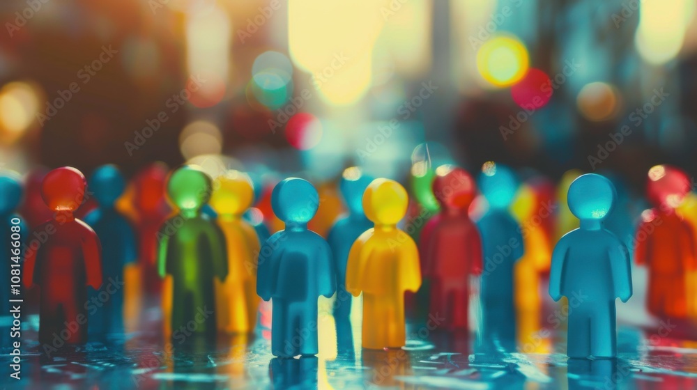Poster A diverse group of 3D figures symbolizing unity against a softly blurred city square backdrop, Reflecting inclusivity in urban gatherings, photography style