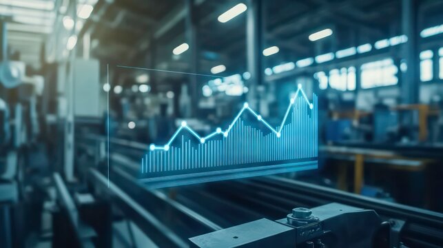 A blue line graph representing a growth trend in a factory environment.