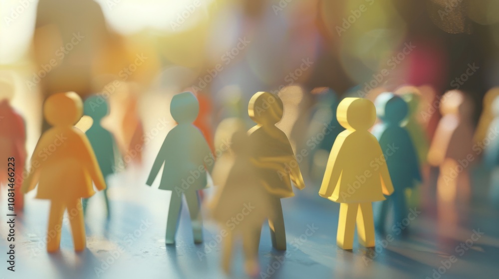 Poster A diverse group of 3D figures symbolizing unity against a softly blurred community center backdrop, Reflecting inclusivity in local outreach, photography style