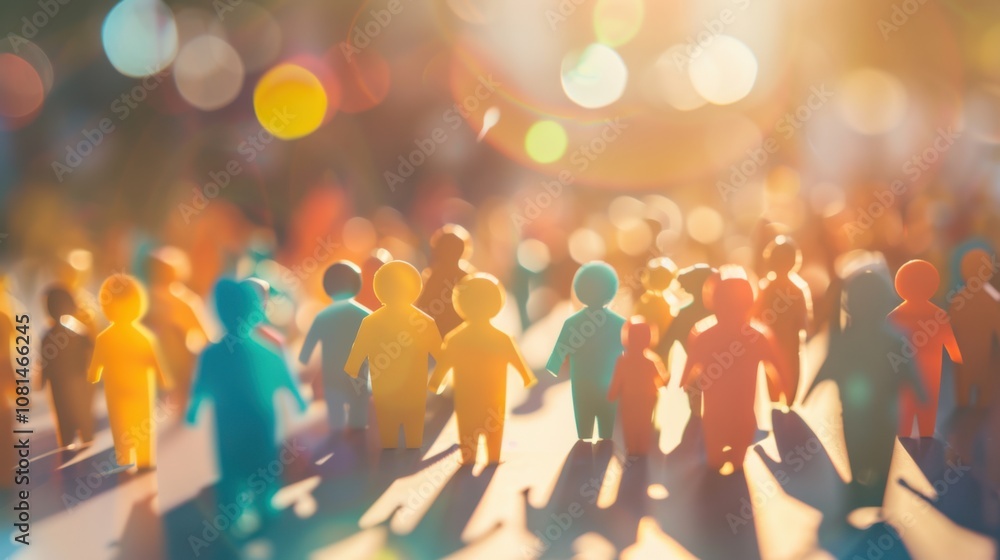 Poster a diverse group of 3d figures symbolizing unity against a softly blurred city square backdrop, refle