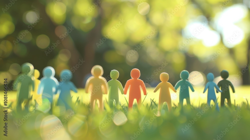 Aufkleber A diverse group of 3D figures symbolizing unity against a softly blurred park backdrop, Reflecting harmony in natural settings, photography style