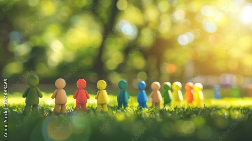 Poster A diverse group of 3D figures symbolizing unity against a softly blurred park backdrop, Reflecting harmony in natural settings, photography style