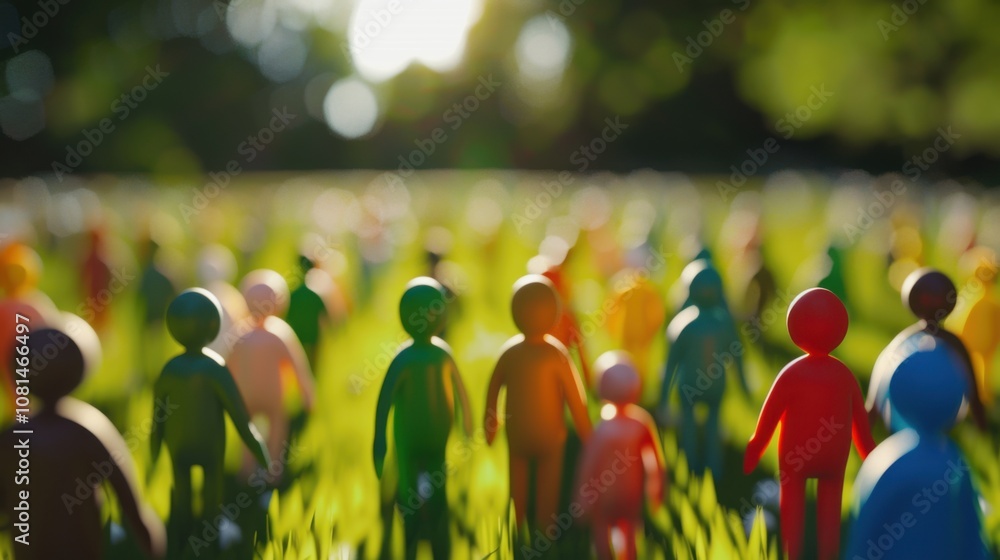Poster A diverse group of 3D figures symbolizing unity against a softly blurred park backdrop, Reflecting harmony in natural settings, photography style
