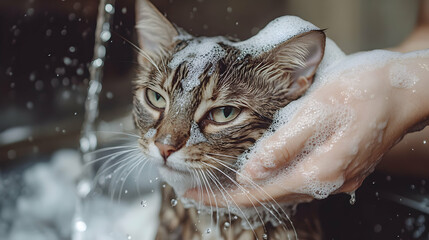 Tabby Cat Being Washed with Soapy Water and Bubbles, Close-up Photo