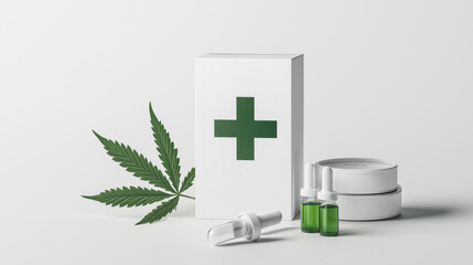 Medical Cannabis Packaging with Dropper Bottles, Green Cross, and Leaf on White Background