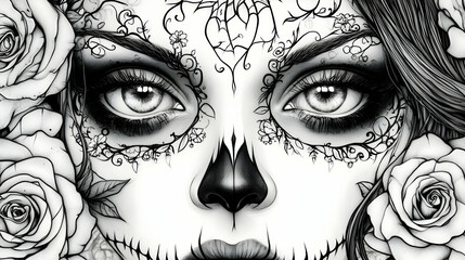 Obraz premium Intricate Monochrome Drawing of Calavera Catrina with Roses
