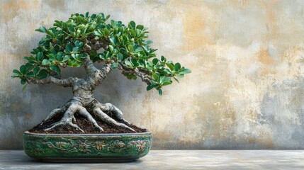 Beautiful Bonsai Tree in Traditional Ceramic Pot Showcasing Intricate Root System Against Textured Background for Serene Decor and Nature Themes