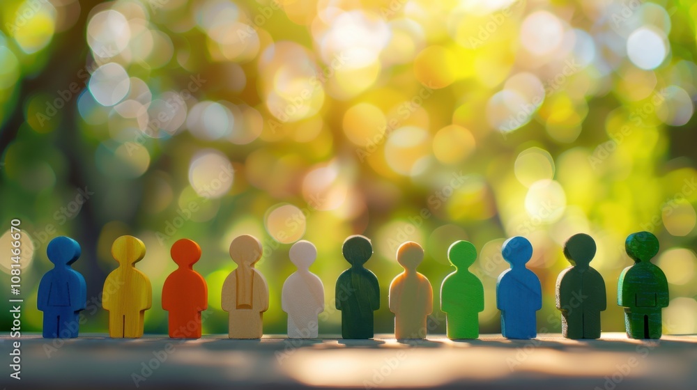 Poster A diverse group of 3D figures symbolizing unity against a softly blurred suburban park backdrop, Reflecting inclusivity in local communities, photography style
