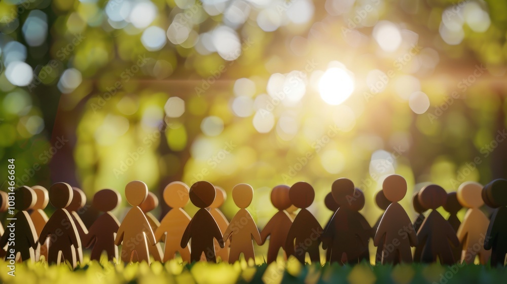Poster A diverse group of 3D figures symbolizing unity against a softly blurred suburban park backdrop, Reflecting inclusivity in local communities, photography style