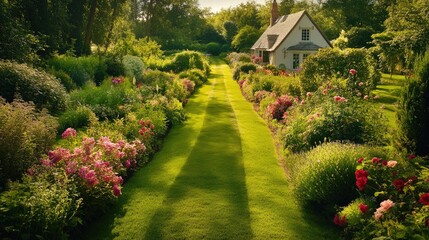 Obraz premium Picturesque Garden Pathway Surrounded by Lush Greenery and Vibrant Flowers Leading to a Cozy Cottage Under a Clear Blue Sky in a Tranquil Landscape