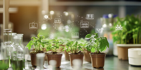 Fototapeta premium The Future of Food: A row of thriving seedlings, nurtured in a laboratory setting, symbolizes the innovative and sustainable solutions revolutionizing agriculture. 