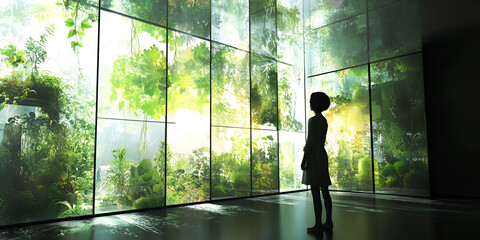 Fototapeta premium Girl Gazing at Lush Greenery Through Glass Panels 