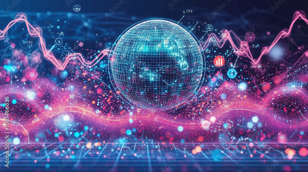 Poster a glowing, digital globe surrounded by abstract data and lines, with a pink and blue color scheme.