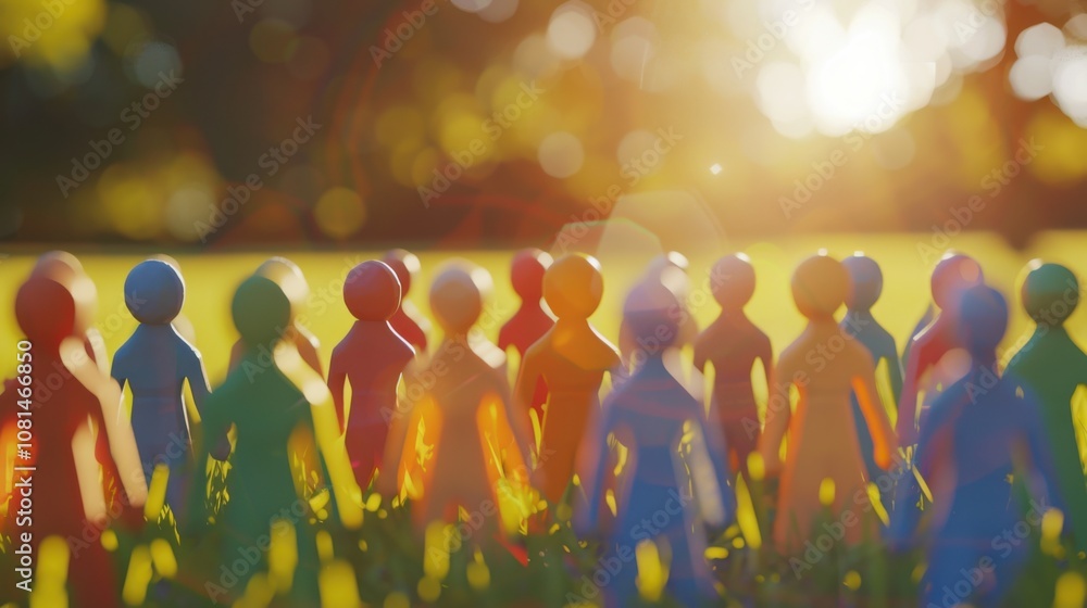 Poster a diverse group of 3d figures symbolizing unity against a softly blurred urban neighborhood backdrop