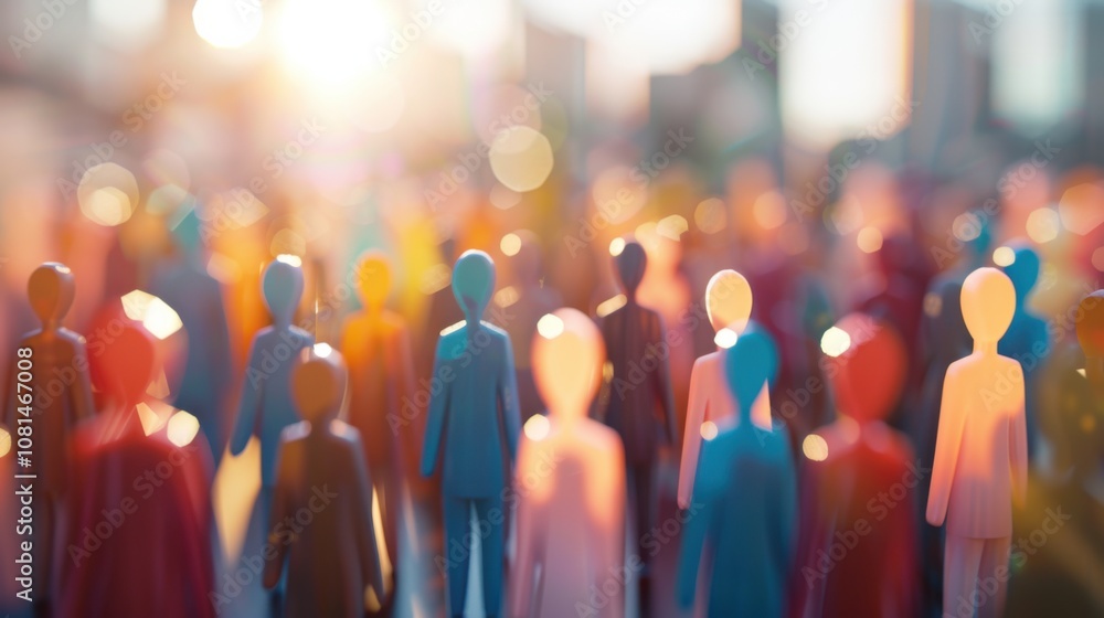 Poster a diverse group of 3d figures symbolizing unity against blurred cityscape backdrop, embodying the st