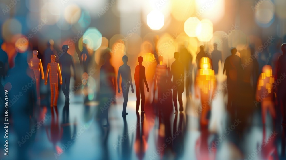 Poster a diverse group of 3d figures symbolizing unity against blurred cityscape backdrop, embodying the st