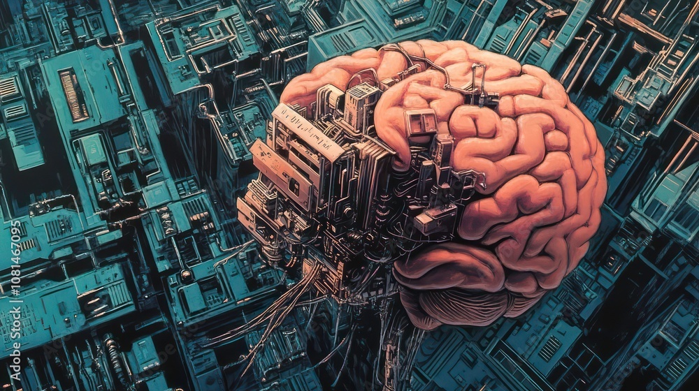 Aufkleber a human brain is connected to a complex network of wires and circuitry, symbolizing the intersection