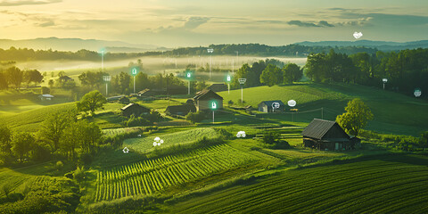 Connected Countryside: A picturesque rural landscape bathed in the golden glow of sunrise, dotted with glowing orbs representing a futuristic vision of connected living.  