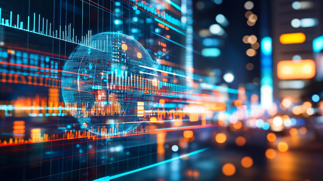 A glowing, translucent globe with data and graphs in a futuristic cityscape at night. - Powered by Adobe