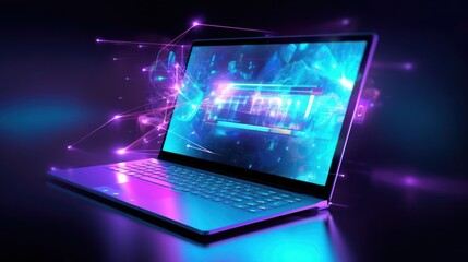 Modern laptop with abstract glowing design on screen.