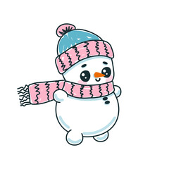 Hand drawn cute snowman with hat and scarf. Vector illustration on white background.